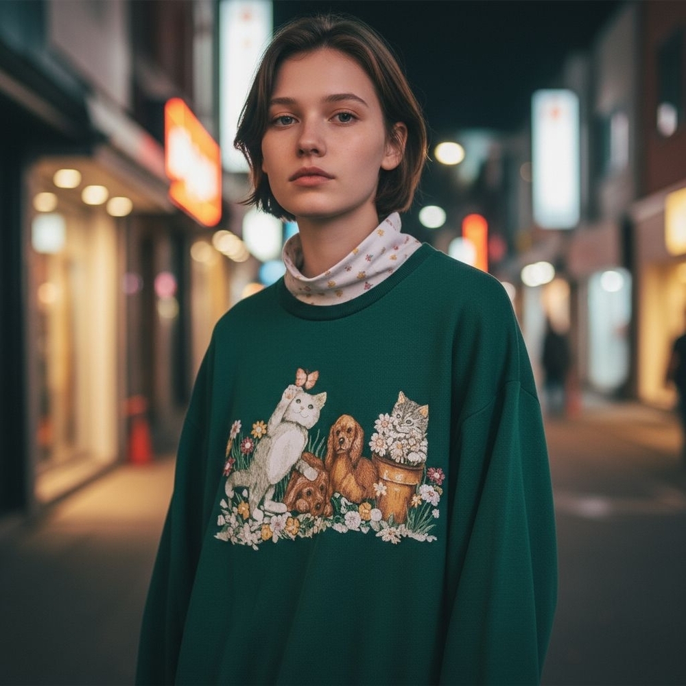 Charming vintage Green Cat Dog Butterfly Pet Grandma Sweatshirt Large Pullover
